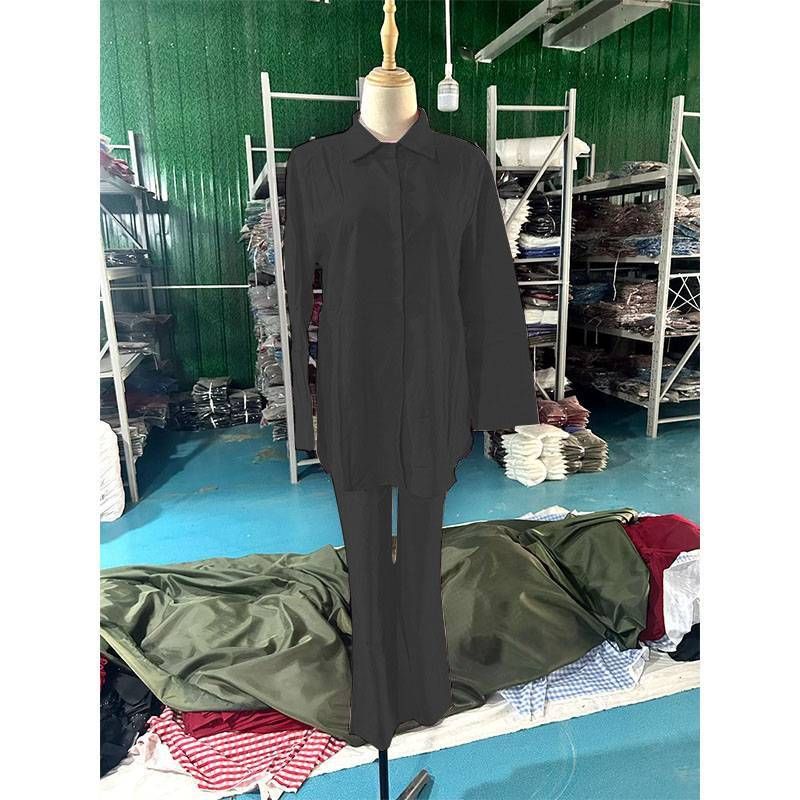 women's two-piece set women's 2023 lapel long-sleeved shirt spring and autumn casual solid color pants wide leg suit_voghion.com
