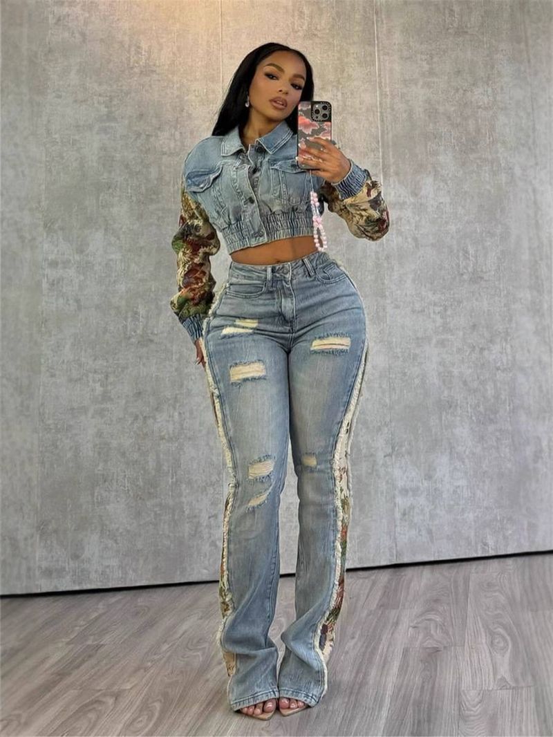 Kadın Giyim Moda Baskılı Renk Eşleşen Kot Ceket Kot İki Parça Takım_voghion.com