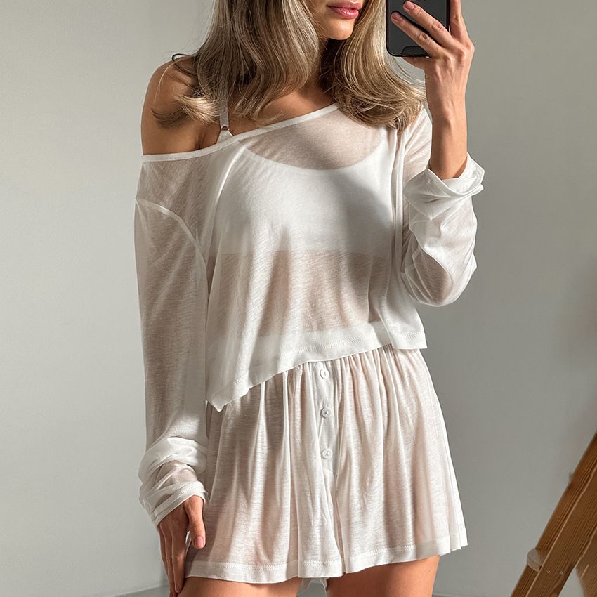 Women's Sleepwears New Thin White Knitted Comfortable Loose Pajamas_voghion.com
