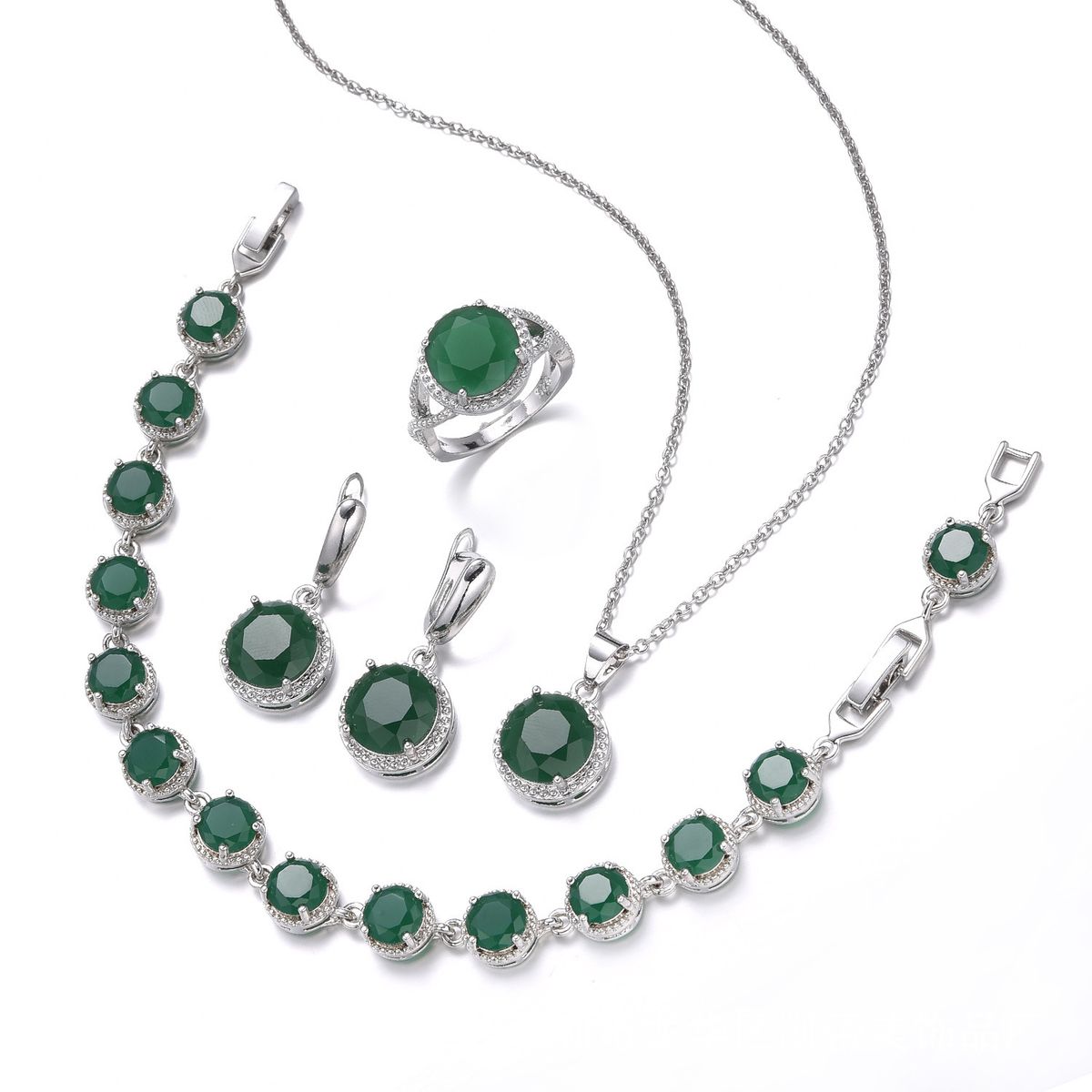 Set di gioielli da donna - Eleganti orecchini a bottone con zirconi rotondi, collana, bracciale e anello in più colori per l'uso quotidiano. Set di collana e orecchini._voghion.com