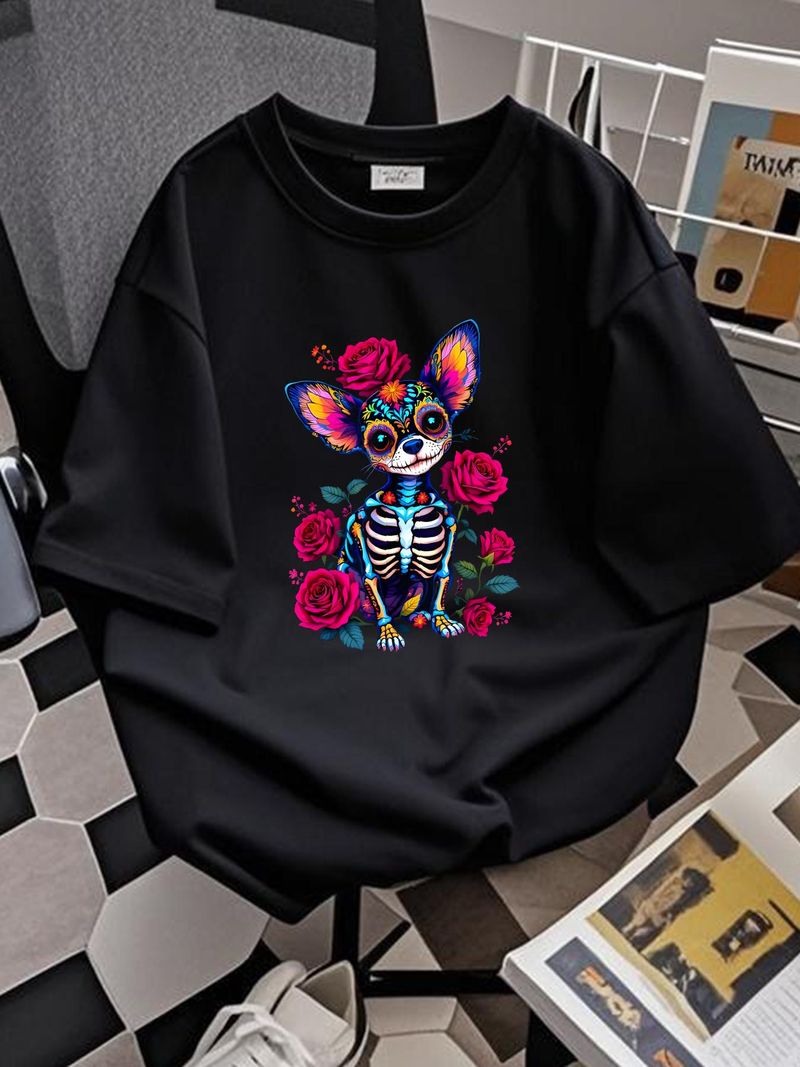 Maglietta unisex in cotone nero con teschio di zucchero messicano, Chihuahua, Dia De Los Muertos, comoda ed estiva, morbida, grafica traspirante._voghion.com