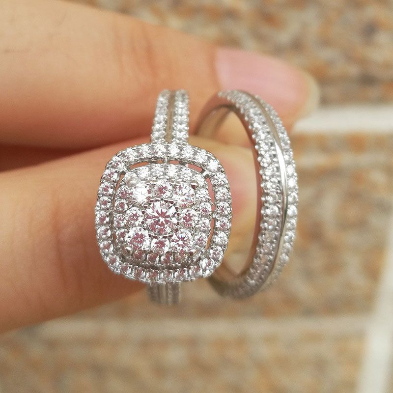 Cao Shi Heißer Verkauf Luxus Paar Kombination Ring Set Kupfer Überzogene Weiß Gold Schmuck_voghion.com