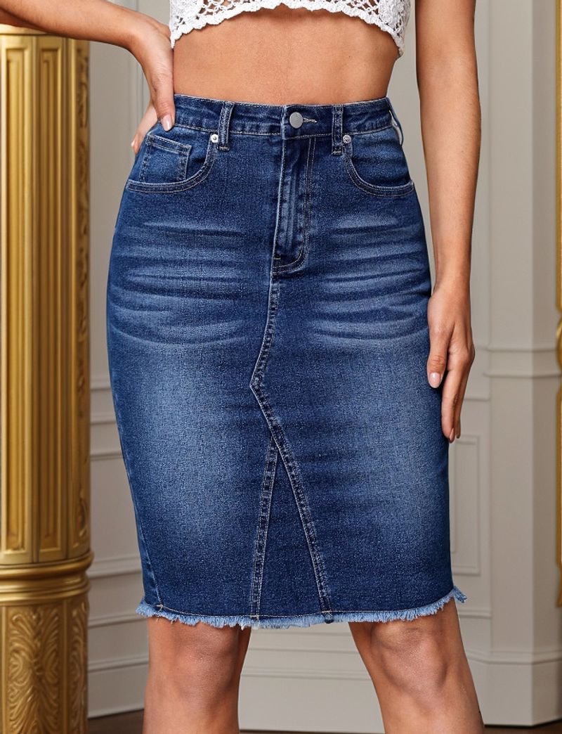 gonna in denim per donna, moda casual elastica a vita alta con fessura snellente che copre i fianchi_voghion.com