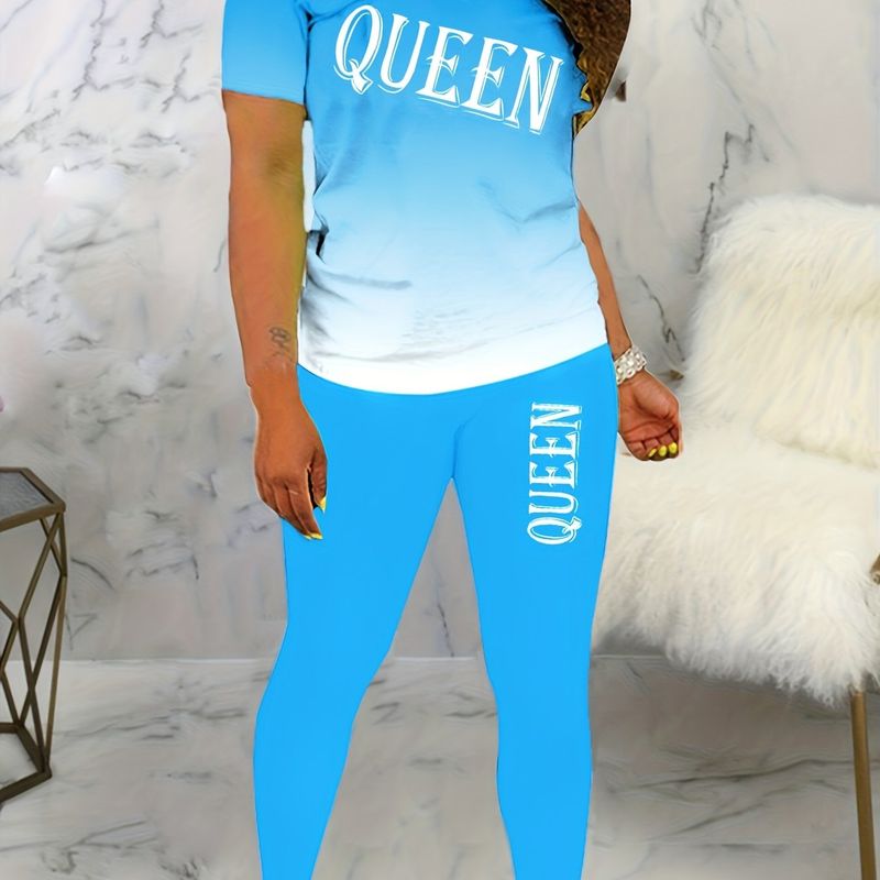 Plus Size Casual Outfits Set, Women's Plus Ombre Letter Print Crew Neck Short Sleeve Top & Leggings Outfits Two Piece Set_voghion.com