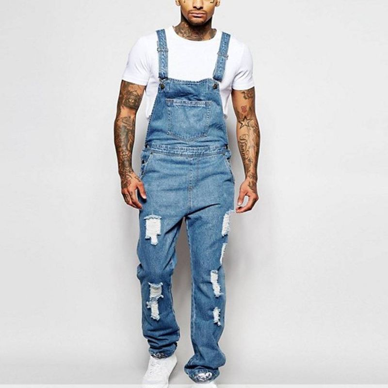 Men's Clothing Fashion Men's Strappy Denim Rompers Ripped Jeans Trousers_voghion.com
