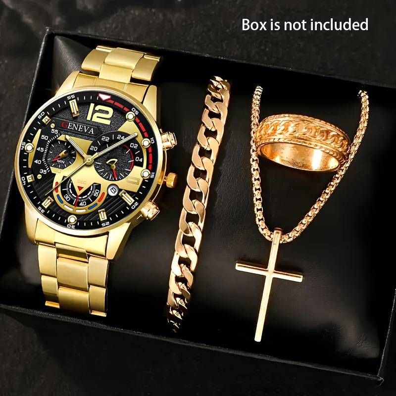 4-Piece Men's Silver Jewelry Set: Stainless Steel Watch, Cross Pendant Necklace, Chain Bracelet & Ring - Alloy Modern Accessories_voghion.com