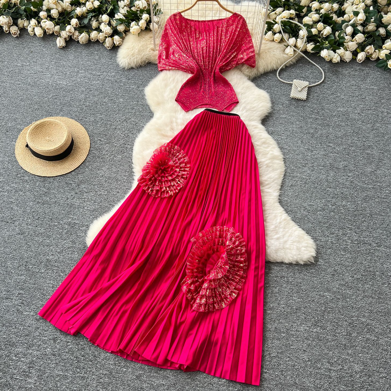 Women's Clothing Two Piece Suit For Women With Slim Waist Short Sleeved Pleated Top With Flowers High Waist Pleated Skirt_voghion.com
