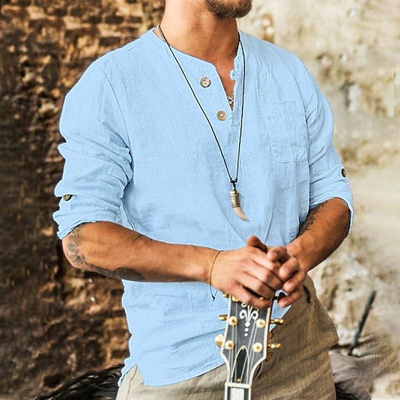 Casual Stand Up Collar, Two Button Men's Long Sleeved Solid Color Shirt_voghion.com