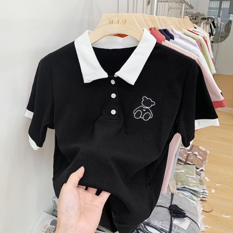 Vêtements pour femmes T-shirt d'été ample à manches courtes et col polo avec ours brodé de grande taille pour femmes_voghion.com