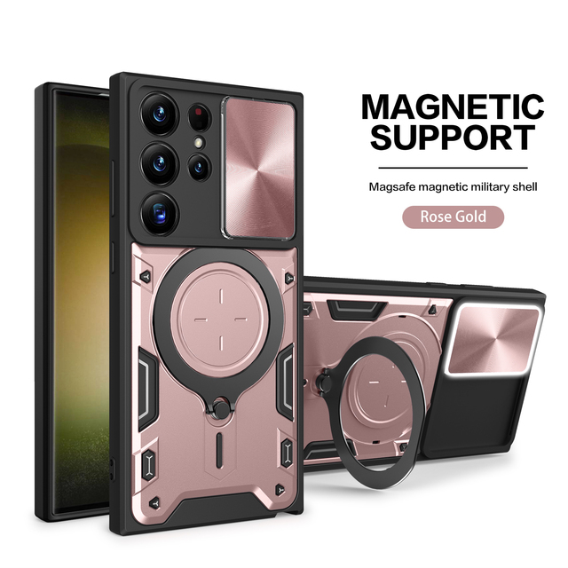 Fodral för Samsung S23 S22 Ultra Plus S21 S20 FE A54 A14 A24 A13 Magnetisk roterande glidkamera 360 Rotera Kickstand Fodral Cover_voghion.com