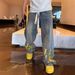 Men's Clothing Jeans Hand Painted Inkjet Printing Fashionable All Match Washed Distressed Straight Pants_voghion.com