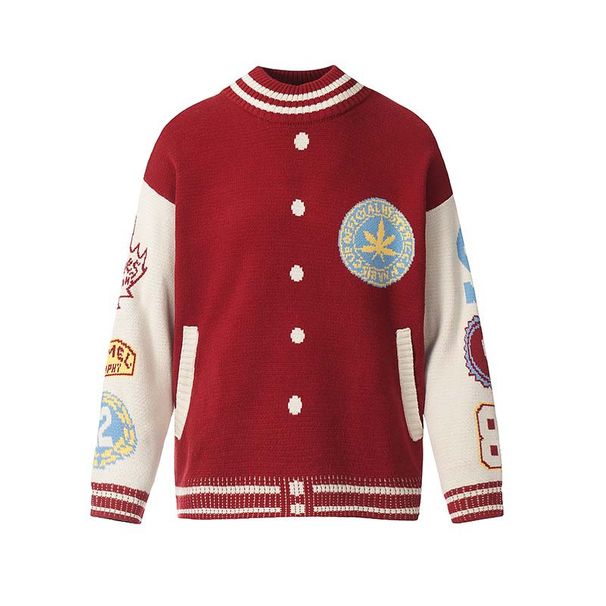 Herrenbekleidung Amerikanischer Abzeichen-Buchstabe Jacquard Kontrastfarbe Rundhals Langarm Strickpullover Herren High Street Retro Lockerer vielseitiger Pullover_voghion.com