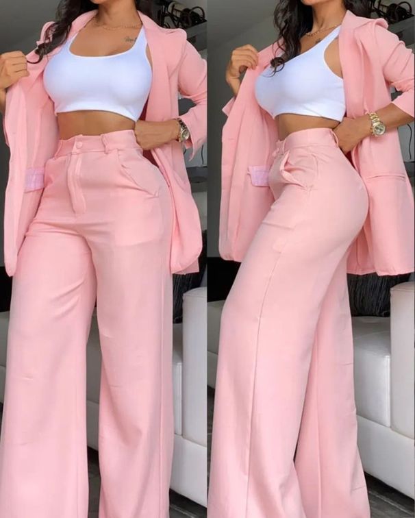 women's clothing, elegant and solid color split sleeve lapel suit with pockets and straight pants suit_voghion.com