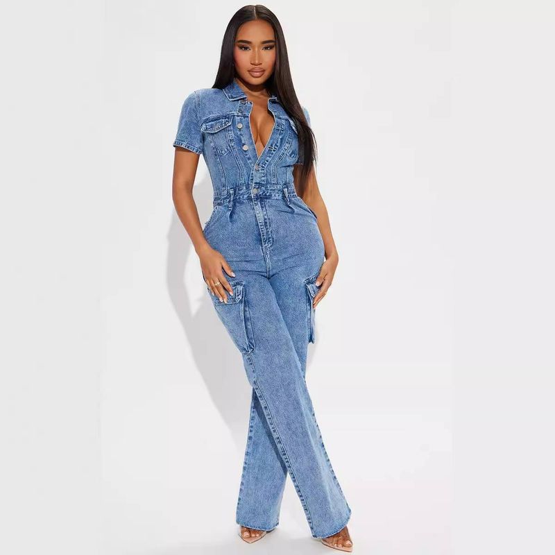 Mono de mezclilla lavado con flores fritas y elástico ajustado de cintura ajustada para mujer, pantalones acampanados_voghion.com