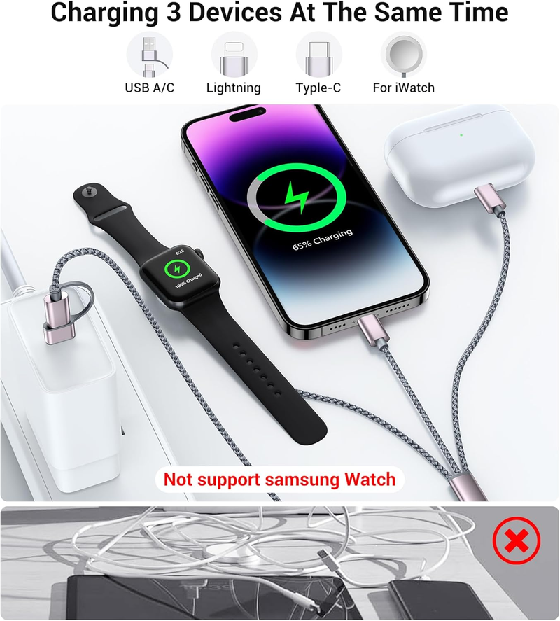 For Travel Vacation Essentials,3 In 2 USB C Cable For Apple Watch Charger/iPhone 16 Charger,Multi Charging Cable,Portable Designed For IWatch &iPhone_voghion.com