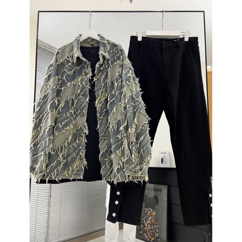 Men's American Retro Tassel Denim Jacket With Side Buttoned Design And Straight Jeans, Two Piece Set_voghion.com