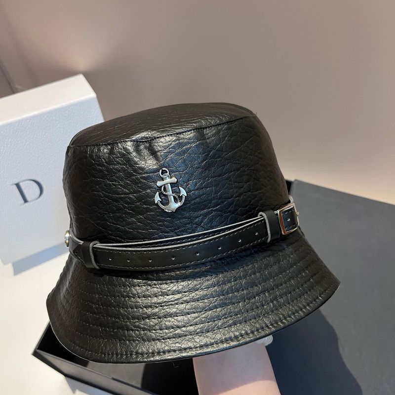 Women's Bucket Hats luxury leather belt anchor fisherman hat outdoor face covering to reduce age fashion litchi pattern pu leather basin hat for women_voghion.com