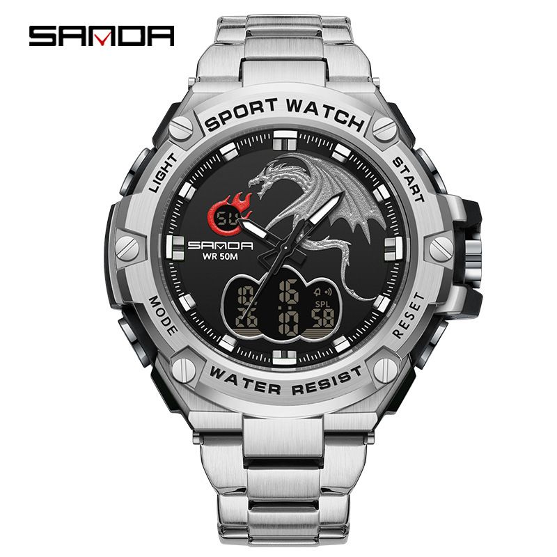Men's Multifunctional Digital Analog Watch With Stainless Steel Band, Waterproof, Alarm, Calendar & Luminous Display Sports Men's Watch_voghion.com