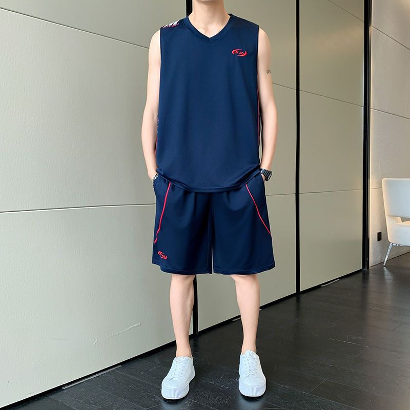 Ice Silk Vest Jersey Sleeveless T-Shirt Sports Short Sleeve Men's Quick-Dry Five-Point Shorts Summer Set Basketball_voghion.com
