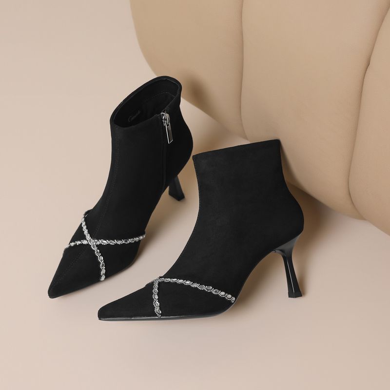 Cameido Women's Fashion Pointed Toe Suede Heel Short Boots With Rhinestones For Autumn And Winter_voghion.com