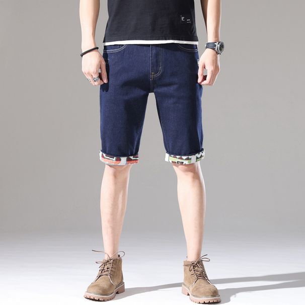 Man's clothing Summer embroidery ripped men's dark blue denim shorts trend mid-waist quarter pants men_voghion.com