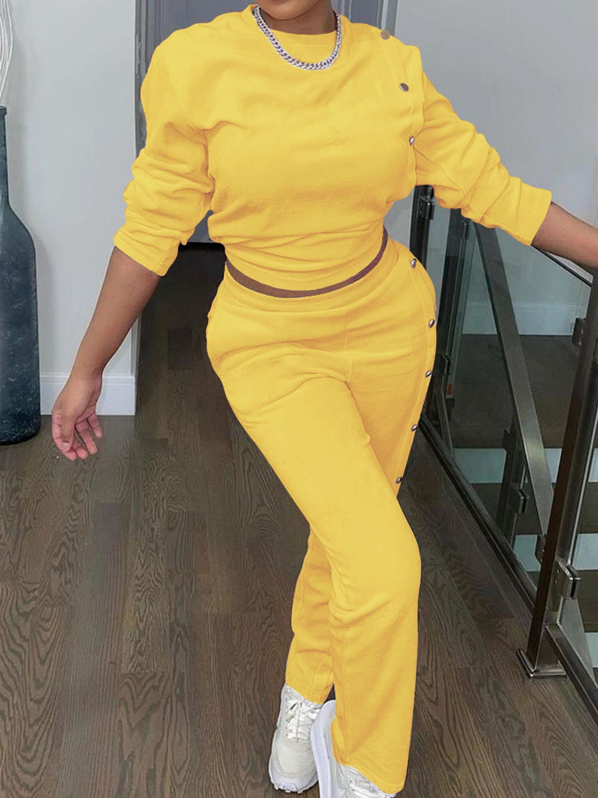 Abbigliamento da donna Felpa con petto laterale in due pezzi Pantaloni a maniche lunghe Completo casual alla moda_voghion.com