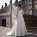 Women's lace long sleeve trailing wedding dress simple trailing slim lace satin banquet host wedding dress_voghion.com