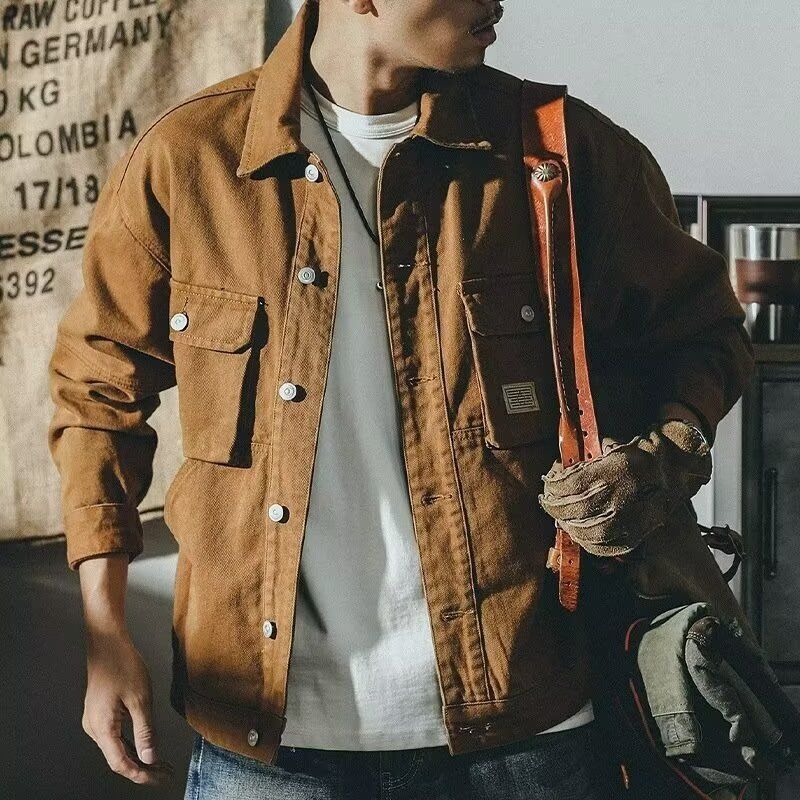 Retro Workwear Jacket For Men, Casual Loose Fit With Plush And Thick Denim Jacket_voghion.com