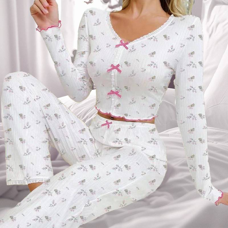 Women's Sleepwears Printed Home Clothes With Curled Heart V Neck Long Sleeved Pajamas For Women That Can Be Worn As Outerwear, Two Piece Trousers_voghion.com