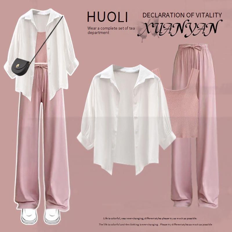 Tenues de vêtements pour femmes, ensemble chemise et gilet avec protection solaire, pantalon slim à jambes larges_voghion.com