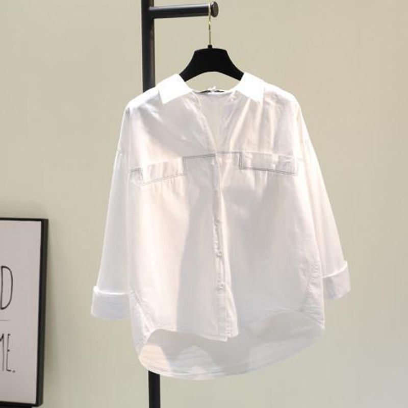 Women's Clothing White Cotton And Linen Shirt With Pockets New Loose Casual Shirt Thin Tops_voghion.com
