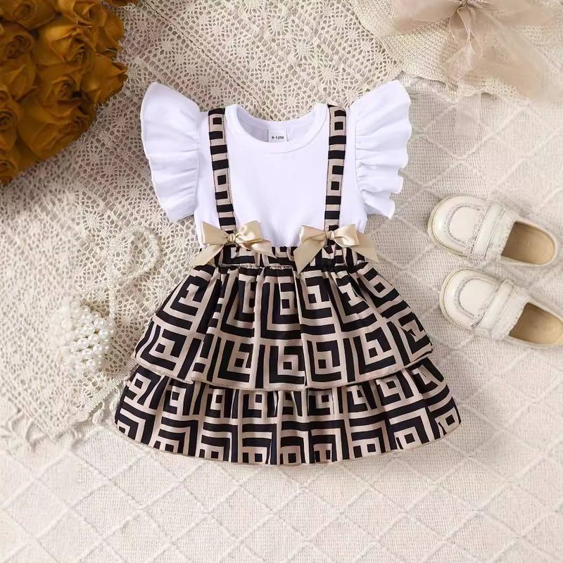 Rochie de vară pentru bebeluși cu guler rotund și mâneci cu volane, drăguță, cu cusături cu funde_voghion.com