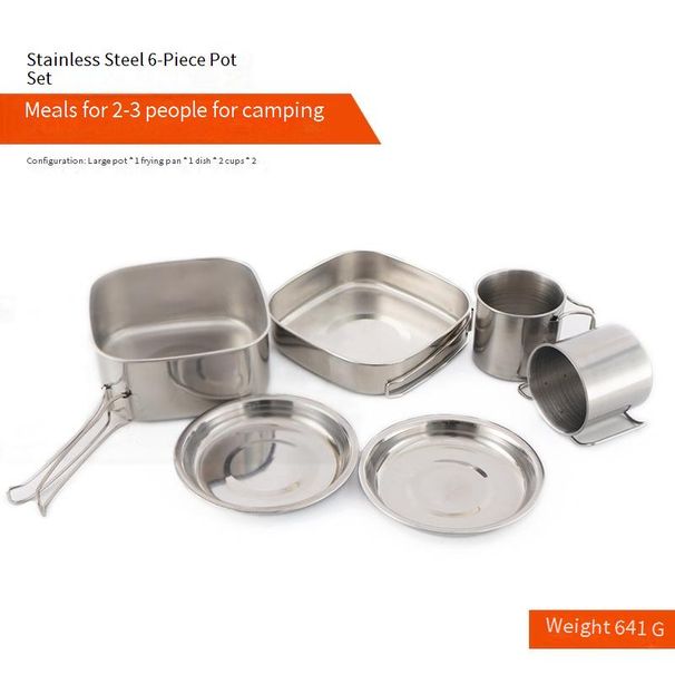 Juego de utensilios de cocina de acero inoxidable para acampar de 6 piezas, kit de cocina portátil para exteriores para 3-4 personas (incluye ollas, sartenes y tazones)._voghion.com