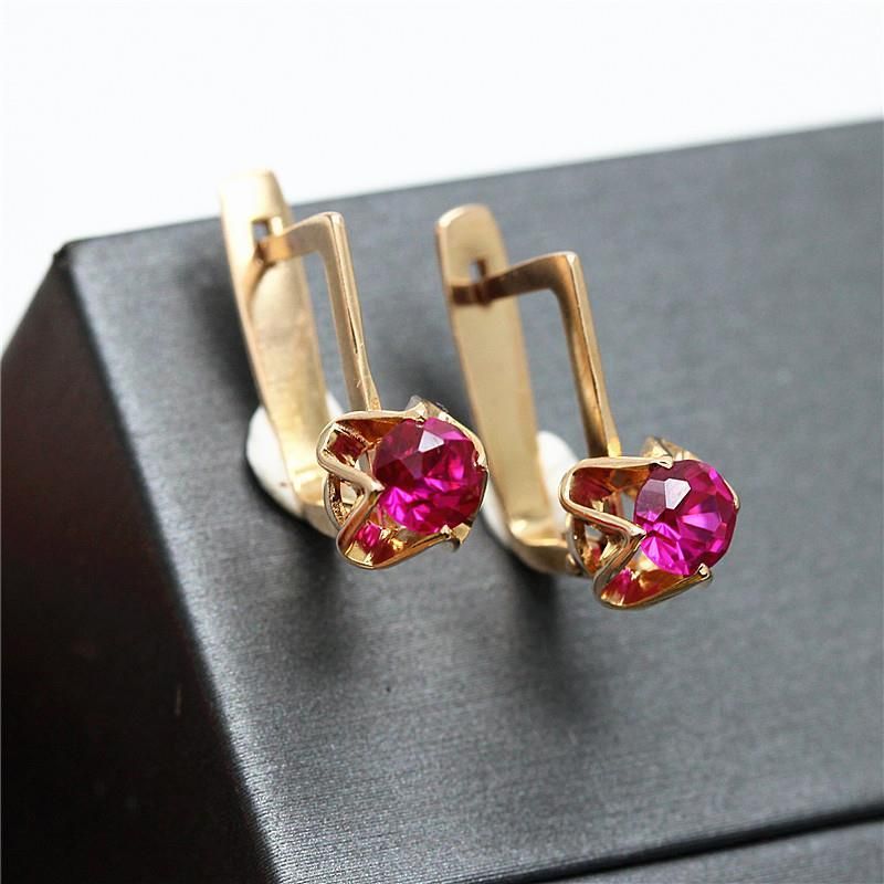 Orecchini Xingfuao in oro rosa 585 russo con pietra rossa lucida viola, design semplice, di alta qualità_voghion.com