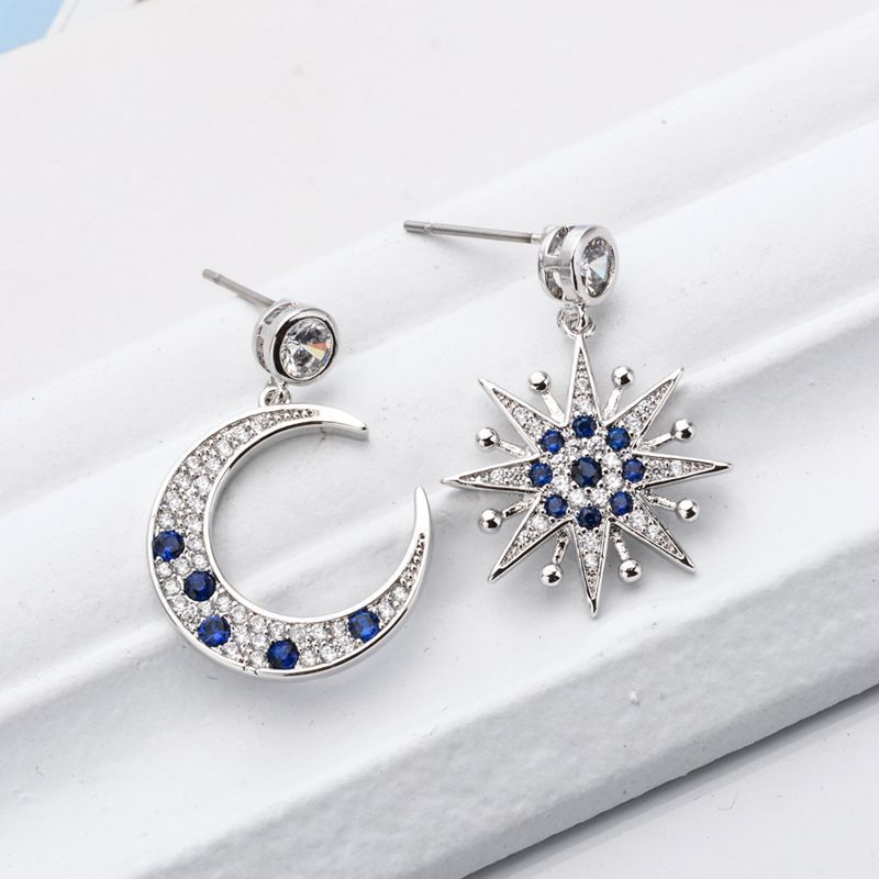 Unique design, personalized earrings with asymmetrical stars and moon, a pair of earrings inlaid with zircon temperament, versatile earrings_voghion.com