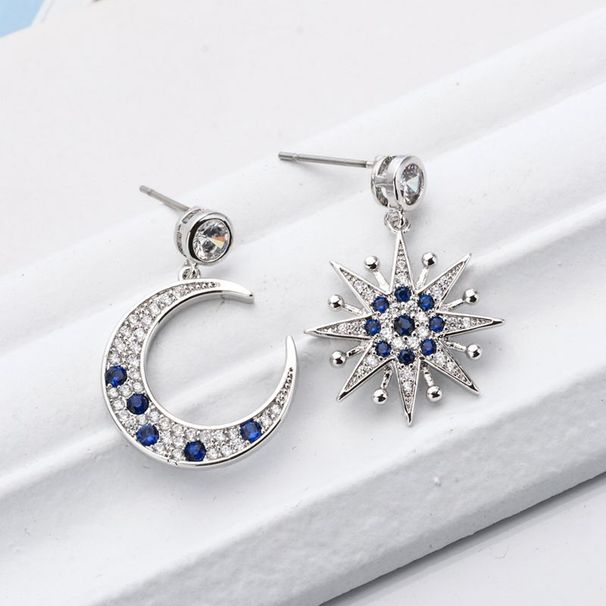 Unique design, personalized earrings with asymmetrical stars and moon, a pair of earrings inlaid with zircon temperament, versatile earrings_voghion.com