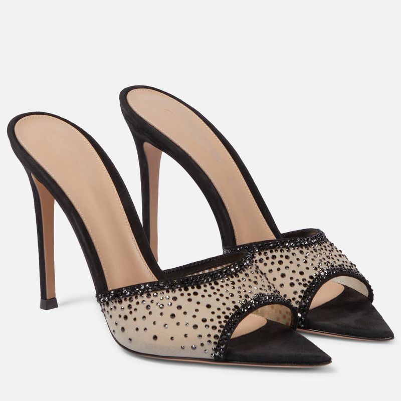Ladies new summer pointed toe shallow mesh diamond high heel sandals_voghion.com