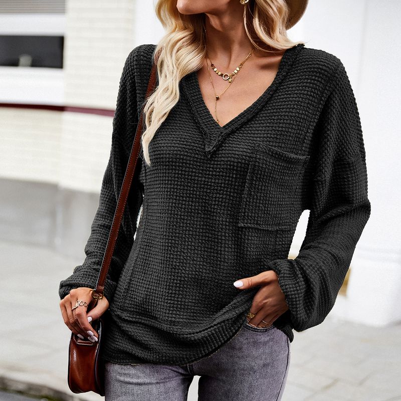 Diyun Europäischer und amerikanischer einfarbiger Pullover für Damen, langärmeliges Oberteil mit V-Ausschnitt_voghion.com
