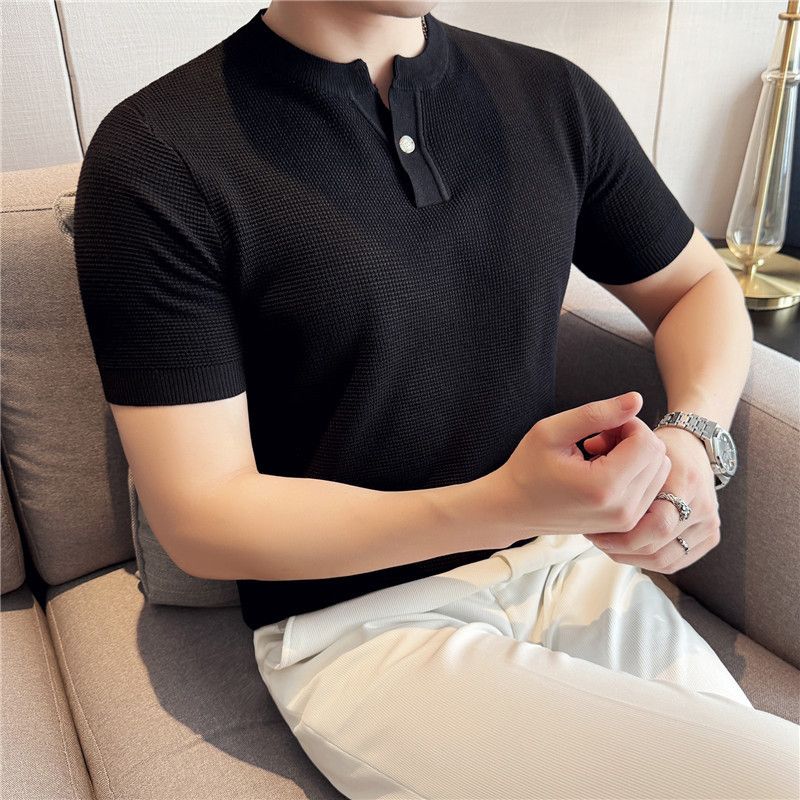 Men's Clothing Old Money Style Henley Collar Knitted Short Sleeved Polo Shirt Fashionable V Neck Trendy Half Sleeved T Shirt Top_voghion.com