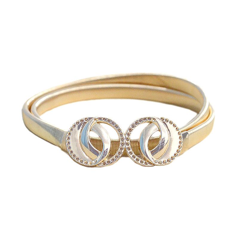Nuova cintura da donna con decorazione intarsiata di strass metallici elastici con abito casual con catena in vita a doppio gancio circolare_voghion.com