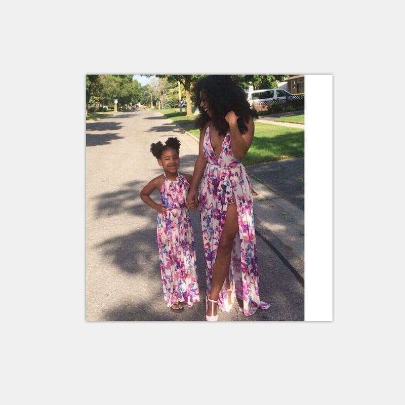 Mother&Kids Printed waist drawstring long split halter parent-child dress_voghion.com