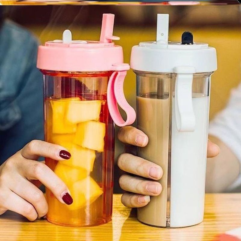 600ML Double Drinking Cup Double Straw Portable Large Capacity Water Bottle Creative Couple Water Mug Dual Purpose Bottle Kettle_voghion.com