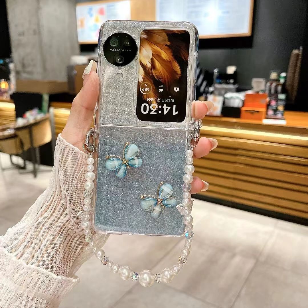 Per Oppo Find N3 Flip ver Custodia per telefono con cinturino a catena da polso con perle di cristallo a farfalla glitterata_voghion.com