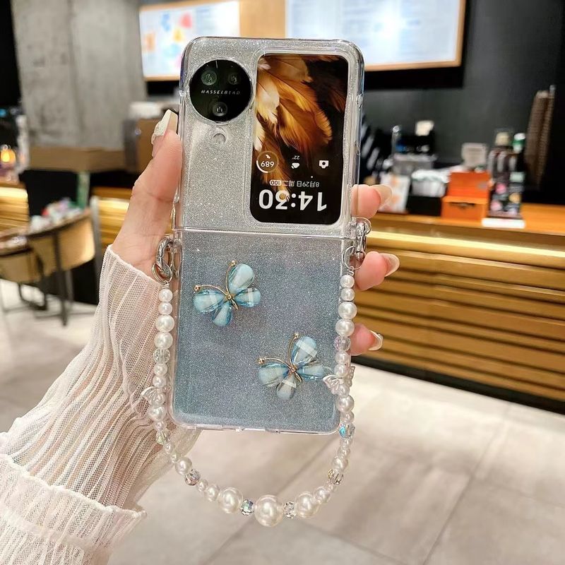 Für Oppo Find N3 Flip ver Süße Glitzer Schmetterling Kristall Perle Handgelenk Kettenriemen Handyhülle_voghion.com