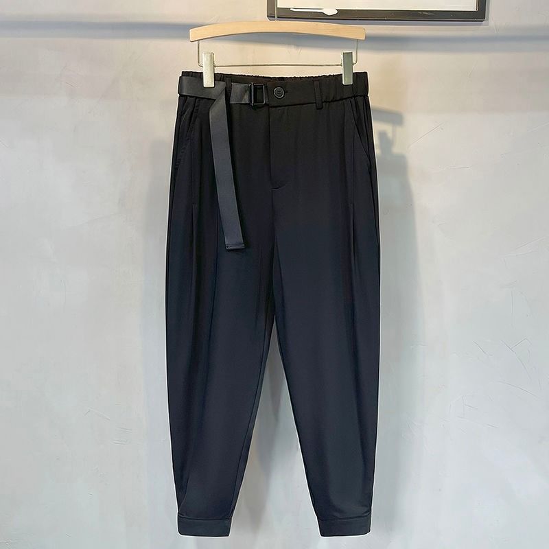 Men's Clothing Summer New Loose Belted Casual Drape Trousers Ice Silk Solid Color Trousers_voghion.com