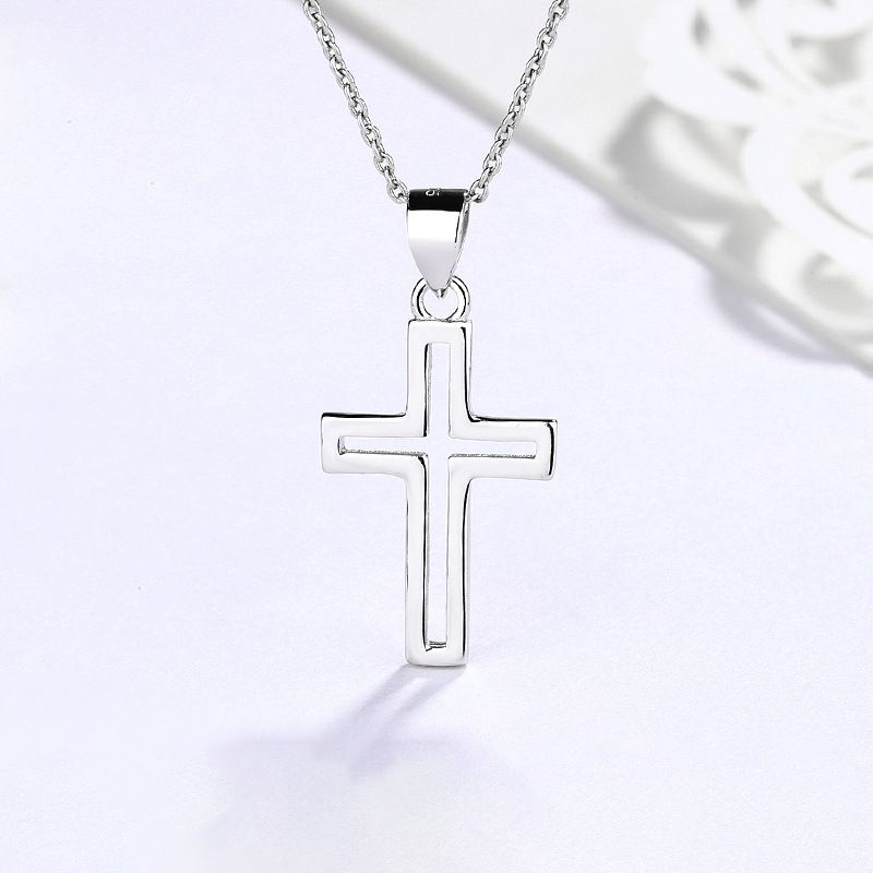 Collana con croce cava in argento sterling per donna, versatile e alla moda, con ciondolo di alta qualità e catena a clavicola._voghion.com