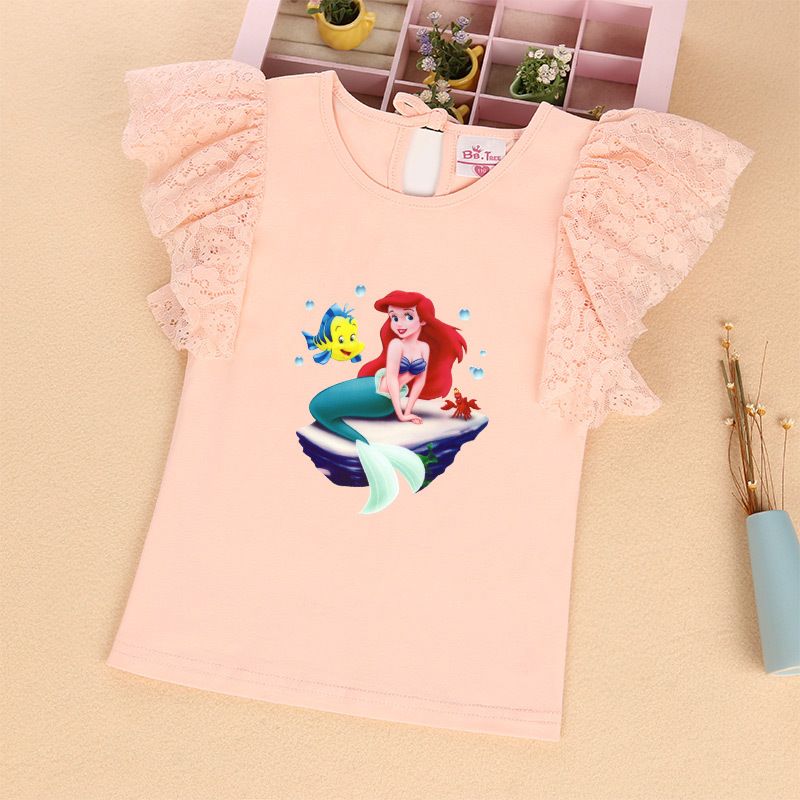 Kinderkleidung Kinderkleidung Großhandel Meerjungfrau Spitze Ärmel Kurzarm T-Shirt Sommer Kinder T-Shirt kleines Mädchen Top ein Stück_voghion.com