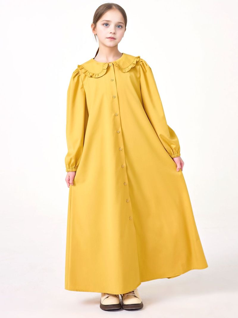 Mamma & Barn Mellanöstern Flickor Abaya Enfärgad Dockkrage Knappklänning Lös Lång Kjol Kappa Morgonrock_voghion.com