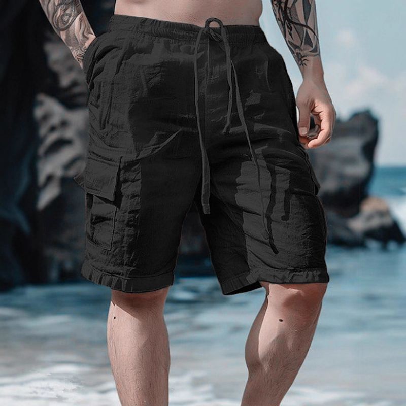 Short cargo pour homme avec poches multiples et cordon de serrage - Short d'été respirant en lin et coton pour la plage, la randonnée et les loisirs_voghion.com