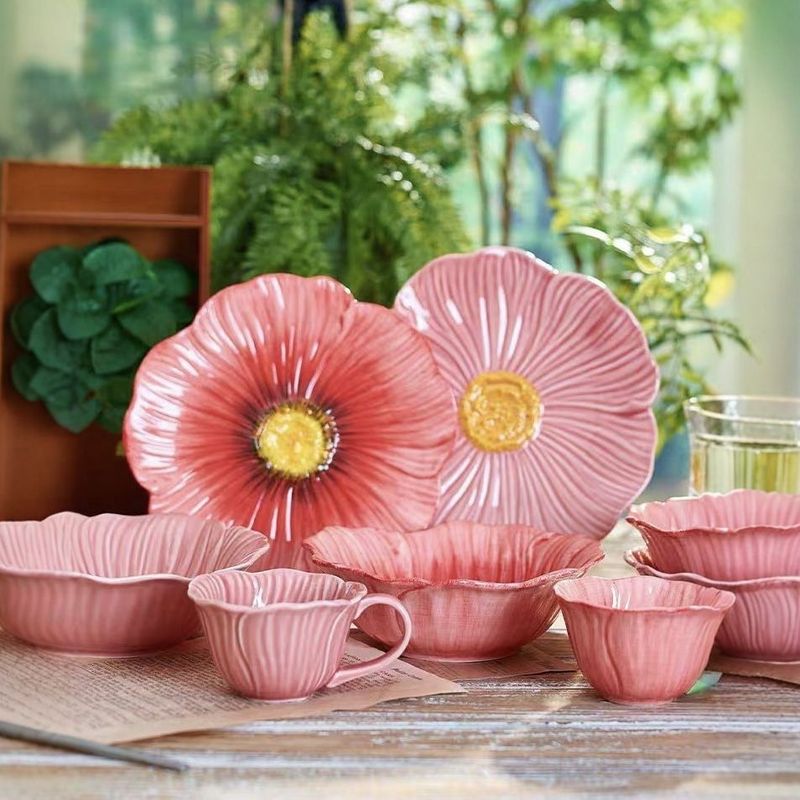 Poppy Flower Household Large Soup Ceramic Bowl Dessert Western Plate Ins Style High-Value Tableware Set_voghion.com